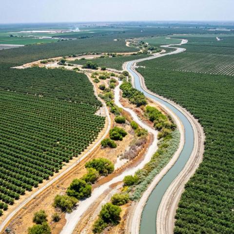 Irrigation canal Aerial image of an irrigation canal from the San Joaquin River (right) and the dried riverbed (left) amid agricultural crops in the Central Valley of California. © Stuart W. Palley